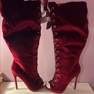 Shoe Dazzle Red Velvet Knee High Wide Calf Heeled Boots
